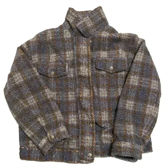 Free People Faded Dreams Cozy Trucker Jacket Sherpa Plaid  Medium coat purple - Picture 5 of 6